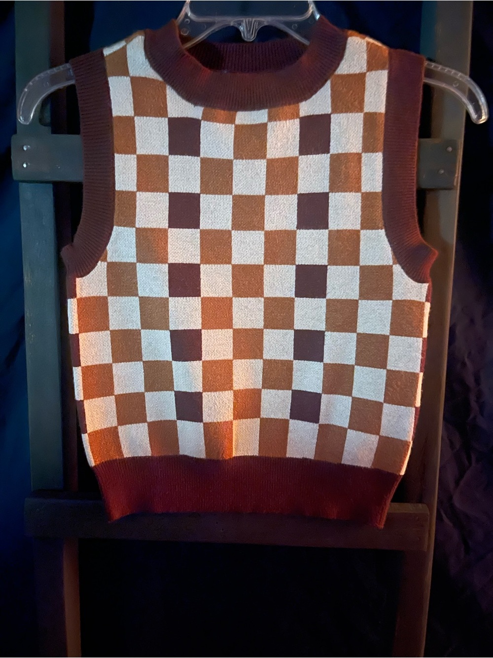 Say What? Brown & Cream Checkerboard V‑Neck Sweater Vest